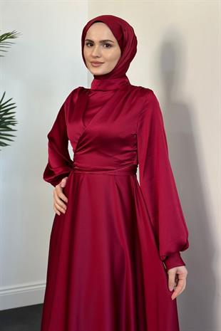 Isabella Kruvaze Detay Saten Abiye Bordo