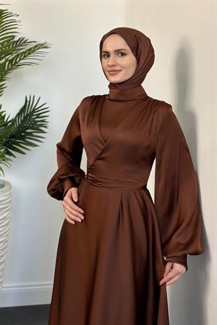 Isabella Kruvaze Detay Saten Abiye Kahverengi