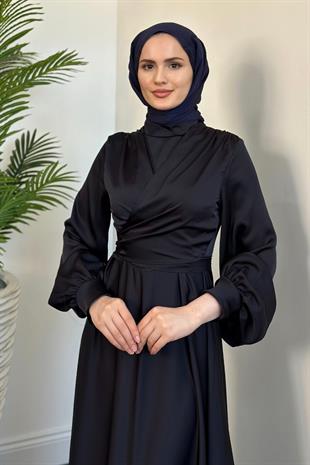 Isabella Kruvaze Detay Saten Abiye Koyu Lacivert