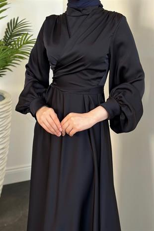Isabella Kruvaze Detay Saten Abiye Koyu Lacivert
