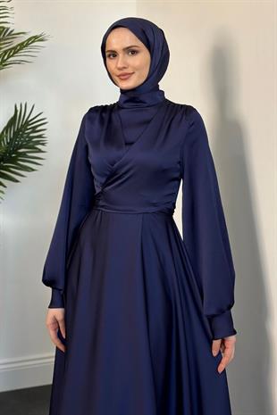 Isabella Kruvaze Detay Saten Abiye Lacivert