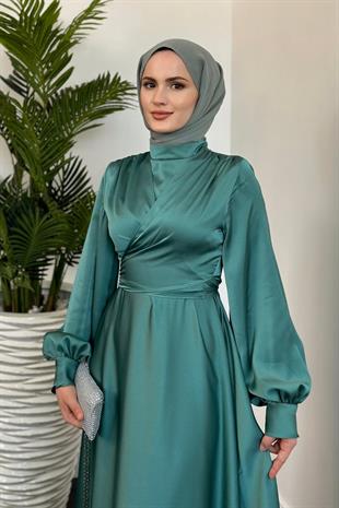 Isabella Kruvaze Detay Saten Abiye Mint Yeşili