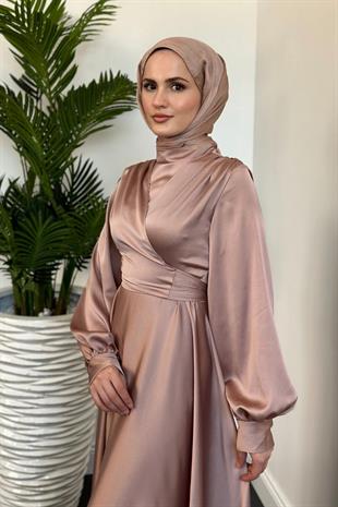 Isabella Kruvaze Detay Saten Abiye Pudra