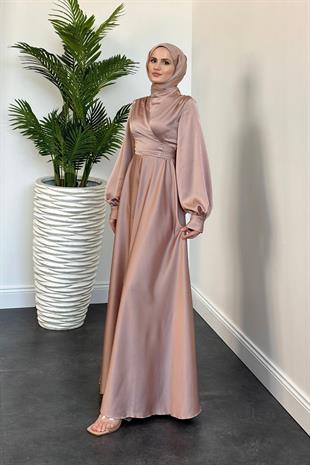 Isabella Kruvaze Detay Saten Abiye Pudra
