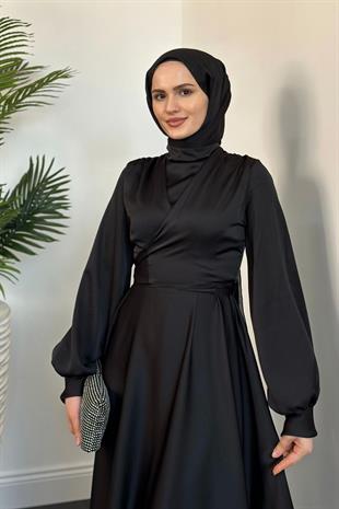 Isabella Kruvaze Detay Saten Abiye Siyah