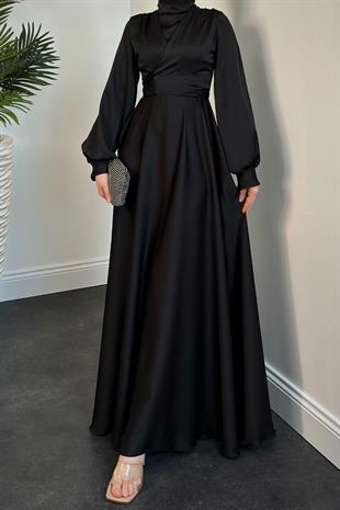Isabella Kruvaze Detay Saten Abiye Siyah