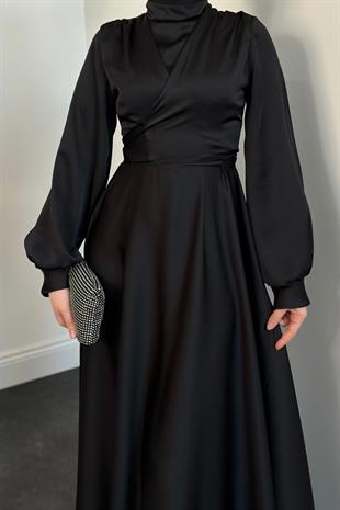 Isabella Kruvaze Detay Saten Abiye Siyah