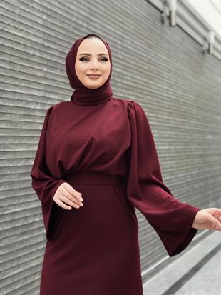 İspanyol Kol Kalem Kesim Elbise Bordo
