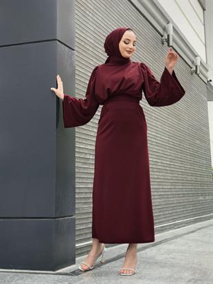 İspanyol Kol Kalem Kesim Elbise Bordo