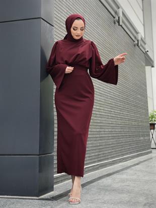 İspanyol Kol Kalem Kesim Elbise Bordo