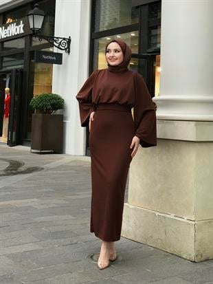 İspanyol Kol Kalem Kesim Elbise Kahverengi