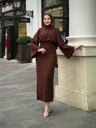 İspanyol Kol Kalem Kesim Elbise Kahverengi