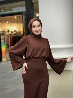 İspanyol Kol Kalem Kesim Elbise Kahverengi