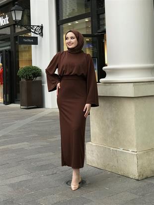 İspanyol Kol Kalem Kesim Elbise Kahverengi