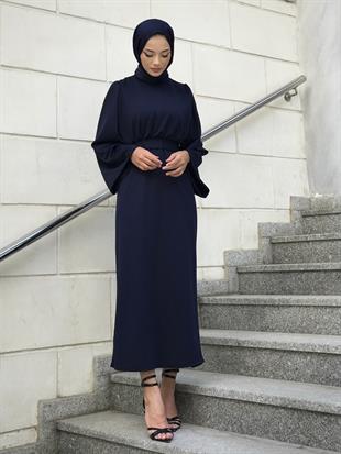 İspanyol Kol Kalem Kesim Elbise Lacivert