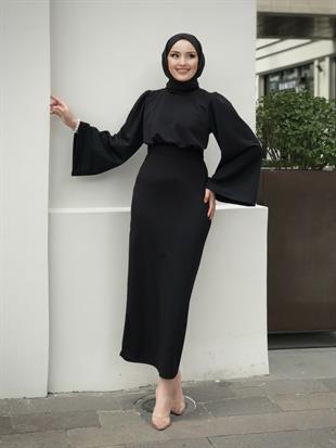 İspanyol Kol Kalem Kesim Elbise Siyah