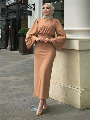 İspanyol Kol Kalem Kesim Elbise SütlüKahve