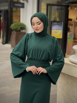 İspanyol Kol Kalem Kesim Elbise ZümrütYeşili