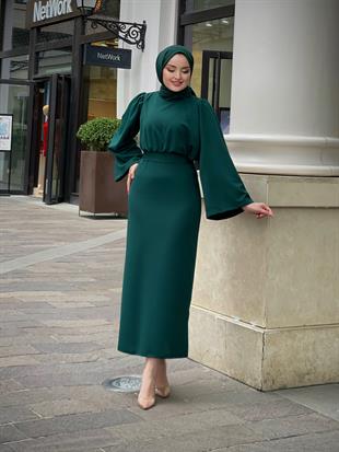 İspanyol Kol Kalem Kesim Elbise ZümrütYeşili
