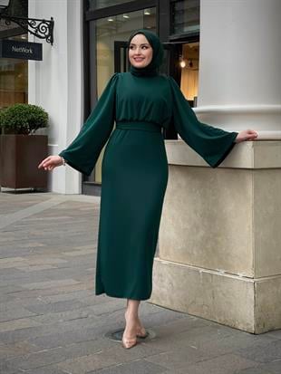 İspanyol Kol Kalem Kesim Elbise ZümrütYeşili