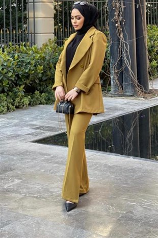 İspanyol Paça Ceketli Takım Yağ Yeşili