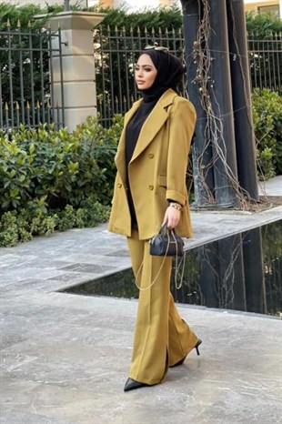 İspanyol Paça Ceketli Takım Yağ Yeşili