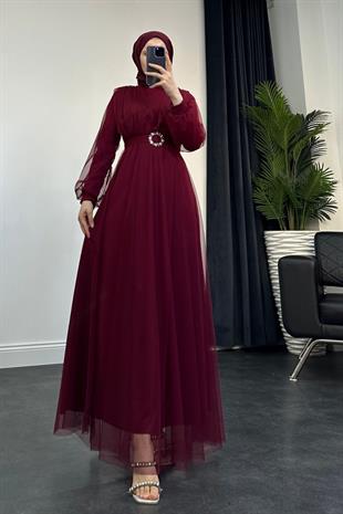 İvanka Tokalı Tül Abiye Bordo