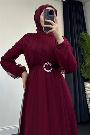 İvanka Tokalı Tül Abiye Bordo