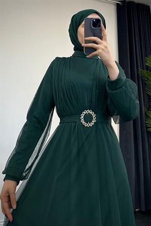 İvanka Tokalı Tül Abiye Zümrüt