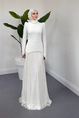 İvena Dantelli Taşlı Abiye Beyaz 