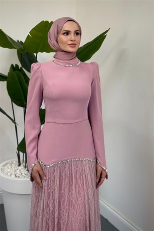 İvena Dantelli Taşlı Abiye Pembe