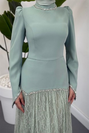 İvena Dantelli Taşlı Abiye Mint