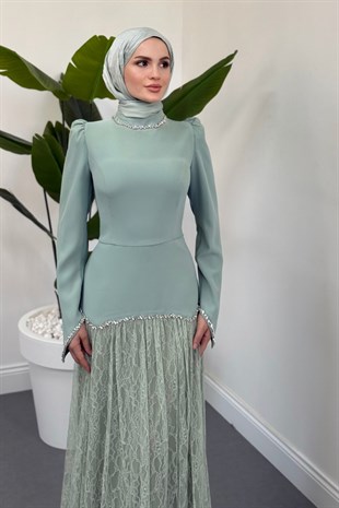 İvena Dantelli Taşlı Abiye Mint