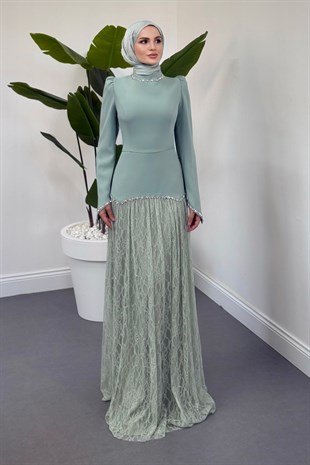 İvena Dantelli Taşlı Abiye Mint