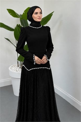 İvena Dantelli Taşlı Abiye Siyah 
