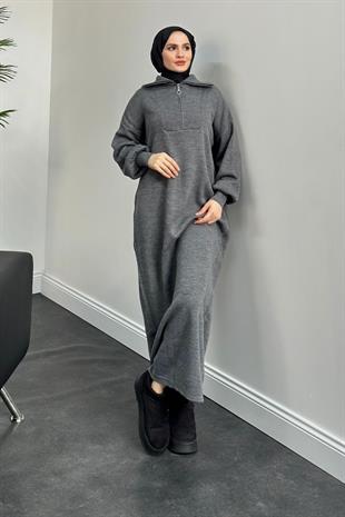 Jairo Fermuarlı Oversize Triko Elbise Gri