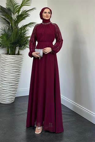 Jayla Kolları Taşlı Abiye Bordo