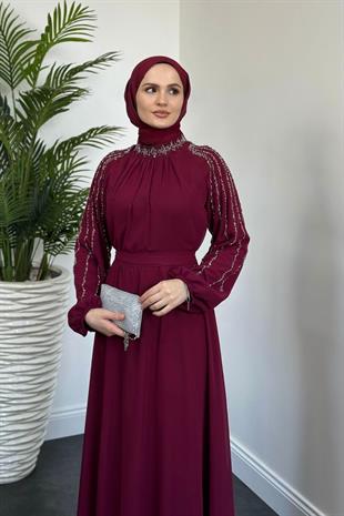 Jayla Kolları Taşlı Abiye Bordo