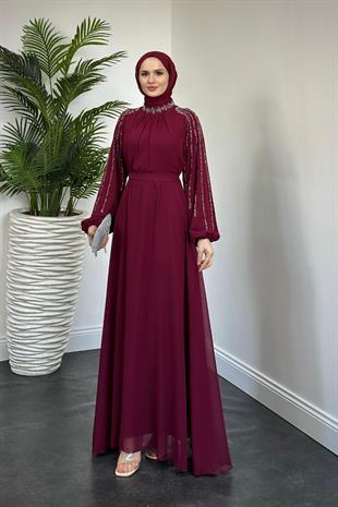 Jayla Kolları Taşlı Abiye Bordo