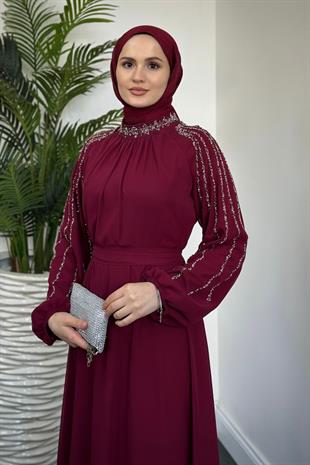 Jayla Kolları Taşlı Abiye Bordo