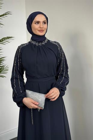 Jayla Kolları Taşlı Abiye Lacivert
