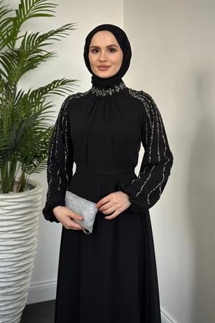 Jayla Kolları Taşlı Abiye Siyah
