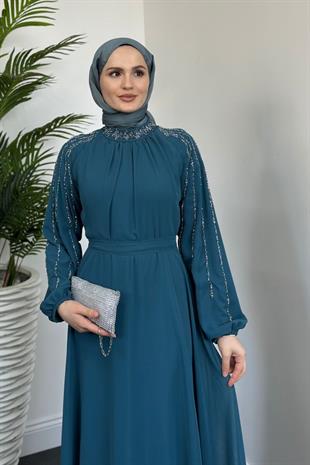 Jayla Kolları Taşlı Abiye Turkuaz