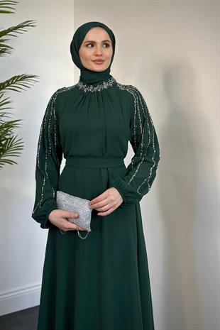 Jayla Kolları Taşlı Abiye Zümrüt