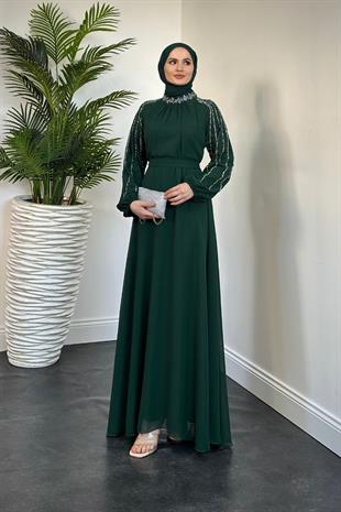 Jayla Kolları Taşlı Abiye Zümrüt