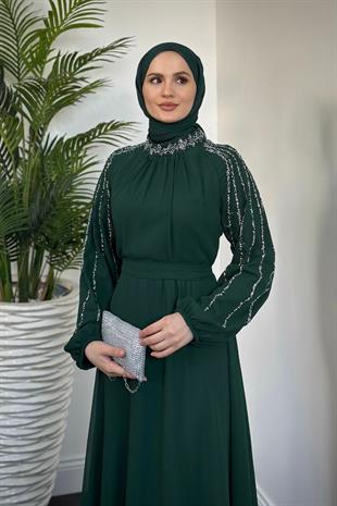 Jayla Kolları Taşlı Abiye Zümrüt