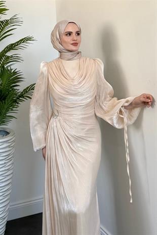 Jenika Omzu Ve Beli Taşlı Abiye Krem