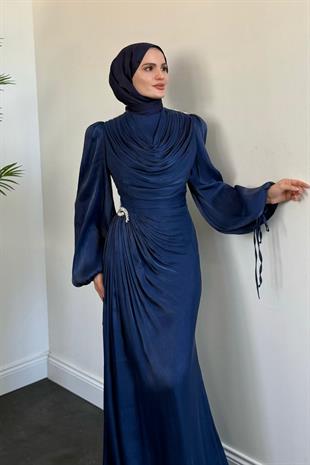 Jenika Omzu Ve Beli Taşlı Abiye Lacivert