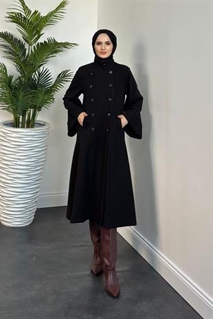 Jeremiah Hakim Yaka Düğmeli Astarlı Kaban Siyah