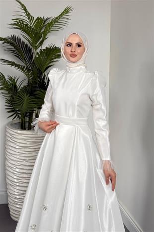Joenne Taşlı Altı Tüylü Tafta Abiye Beyaz